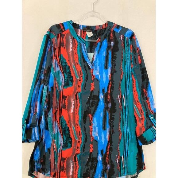 Cocomo Tops - Cocomo‎ Blouse XL Blue Red Abstract Roll Tab Sleeve Stretch Popover Preppy